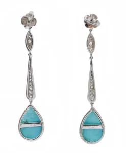Pamono Platinum Dangle Earrings with Turquoises and Diamonds, Set of 2><noscript><img width=