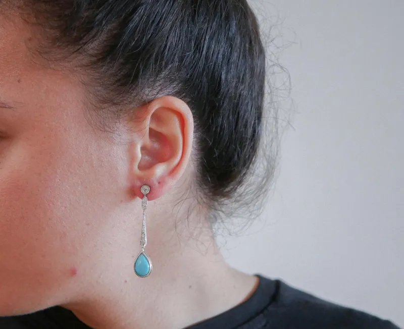 Pamono Platinum Dangle Earrings with Turquoises and Diamonds, Set of 2> Earrings