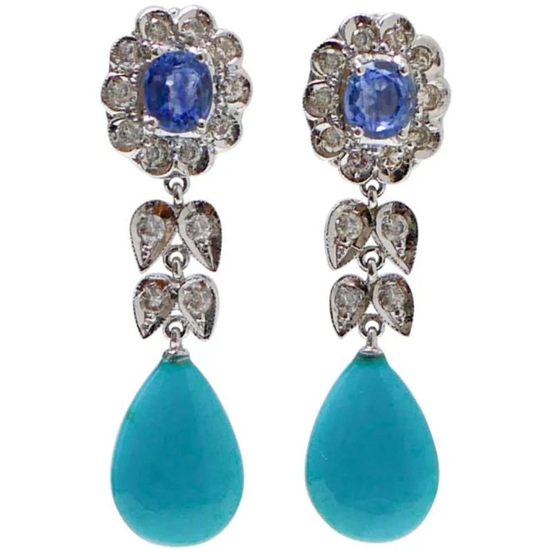 Pamono Platinum Dangle Earrings with Turquoises, Sapphires and Diamonds, Set of 2> Earrings