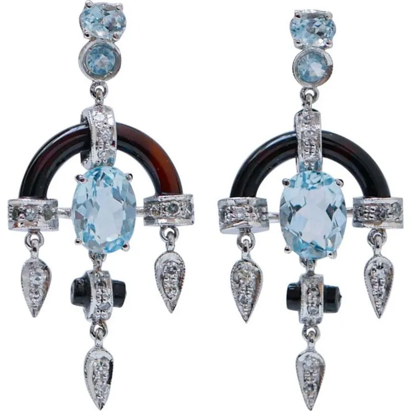 New Pamono Platinum Dangle Earrings with Aquamarine Topazs, Diamonds and Onyx, Set of 2