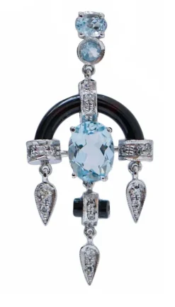 New Pamono Platinum Dangle Earrings with Aquamarine Topazs, Diamonds and Onyx, Set of 2