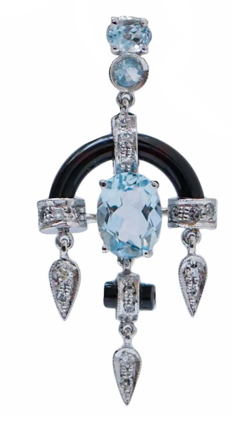 New Pamono Platinum Dangle Earrings with Aquamarine Topazs, Diamonds and Onyx, Set of 2
