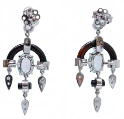 New Pamono Platinum Dangle Earrings with Aquamarine Topazs, Diamonds and Onyx, Set of 2