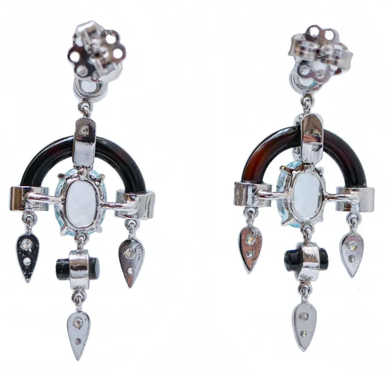 New Pamono Platinum Dangle Earrings with Aquamarine Topazs, Diamonds and Onyx, Set of 2