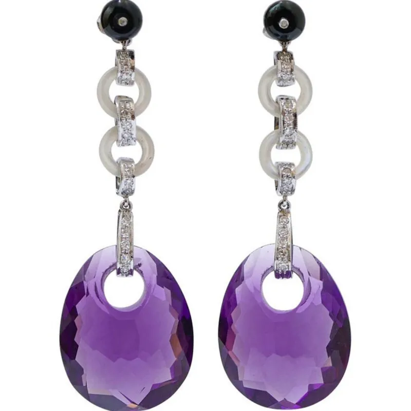 Best Pamono Platinum Earrings with Amethysts, White Stones, Diamonds and Onyx, Set of 2
