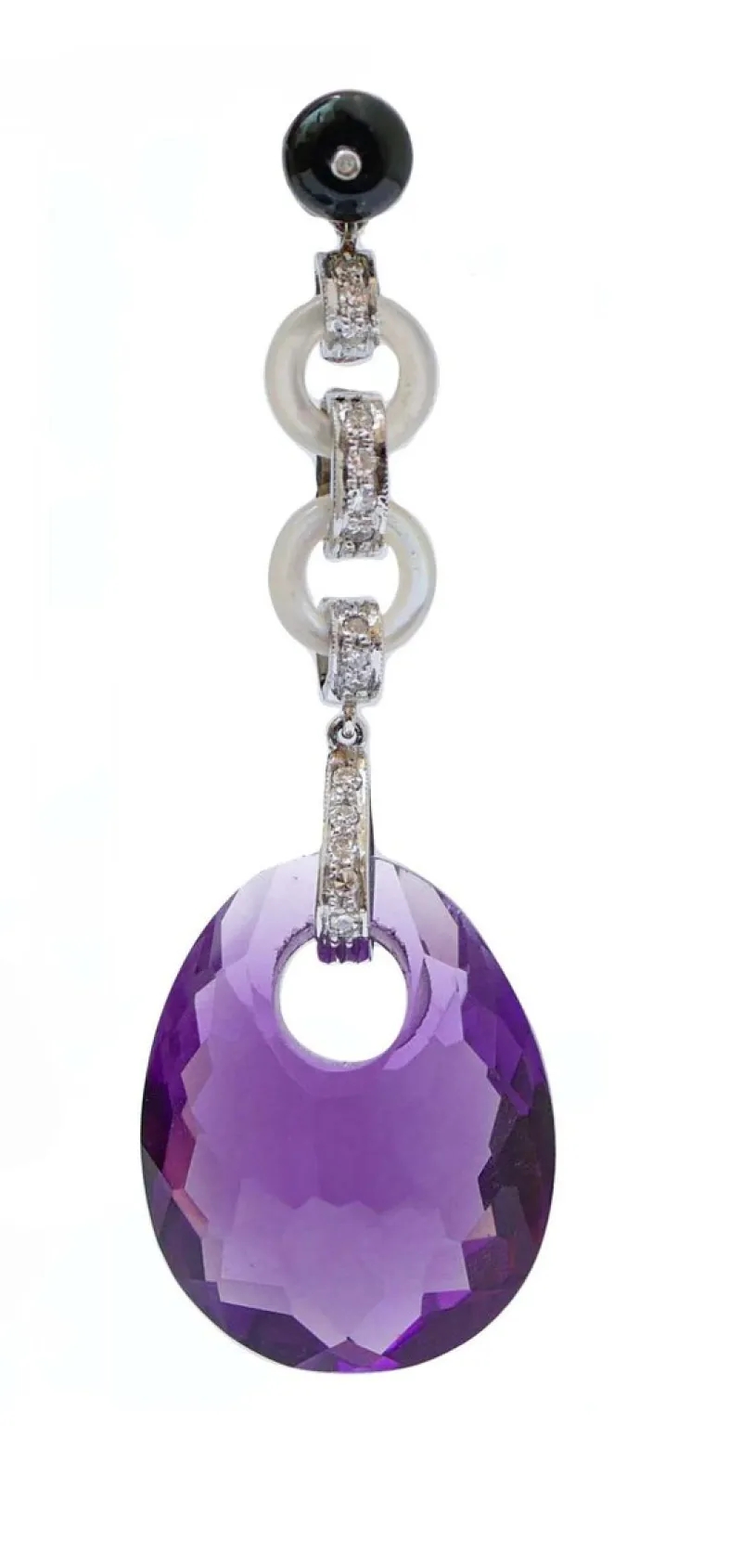 Best Pamono Platinum Earrings with Amethysts, White Stones, Diamonds and Onyx, Set of 2