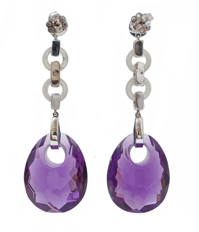 Best Pamono Platinum Earrings with Amethysts, White Stones, Diamonds and Onyx, Set of 2