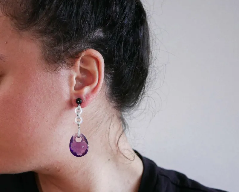 Best Pamono Platinum Earrings with Amethysts, White Stones, Diamonds and Onyx, Set of 2