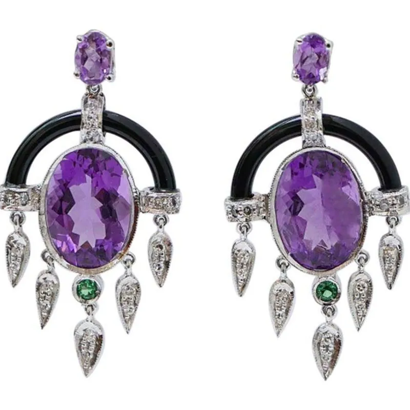 Pamono Platinum Earrings with Amethysts, Tsavorite, Onyx and Diamonds, Set of 2> Earrings