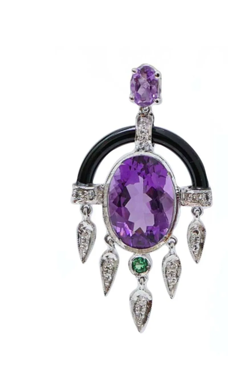 Pamono Platinum Earrings with Amethysts, Tsavorite, Onyx and Diamonds, Set of 2> Earrings