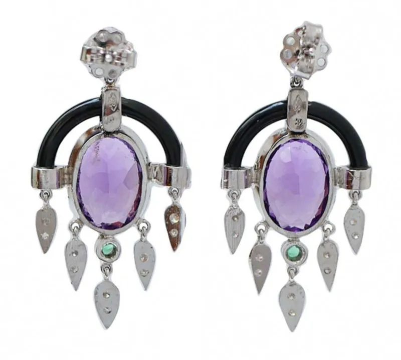 Pamono Platinum Earrings with Amethysts, Tsavorite, Onyx and Diamonds, Set of 2> Earrings
