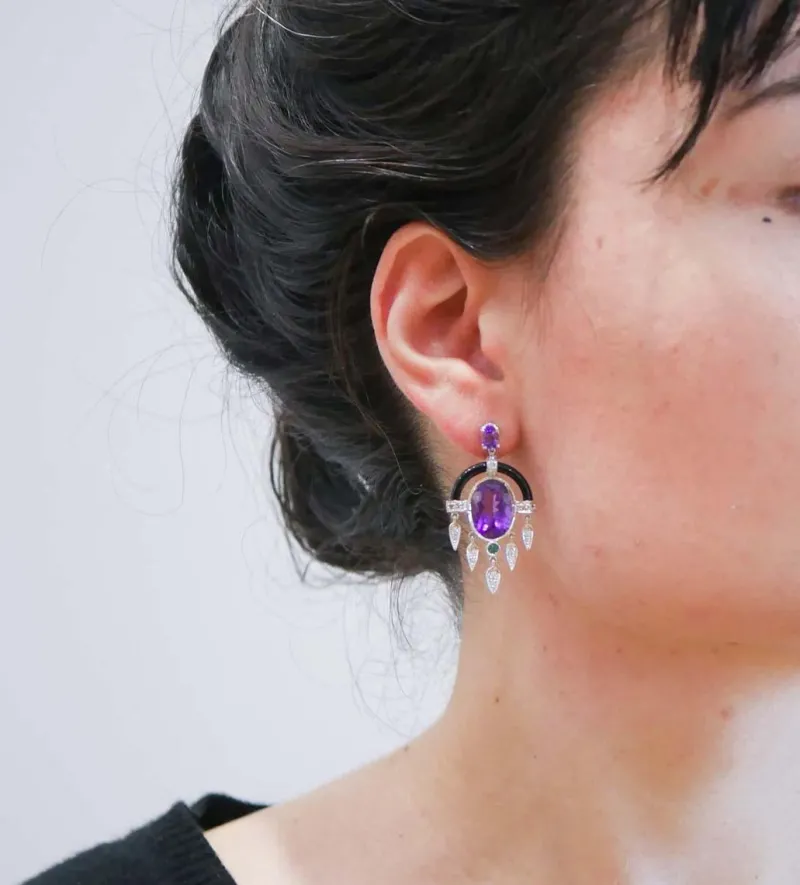 Pamono Platinum Earrings with Amethysts, Tsavorite, Onyx and Diamonds, Set of 2> Earrings