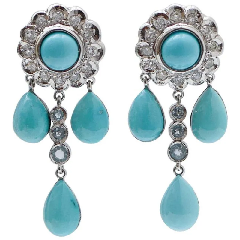Outlet Pamono Platinum Earrings with Aquamarine, Turquoise and Diamonds, Set of 2