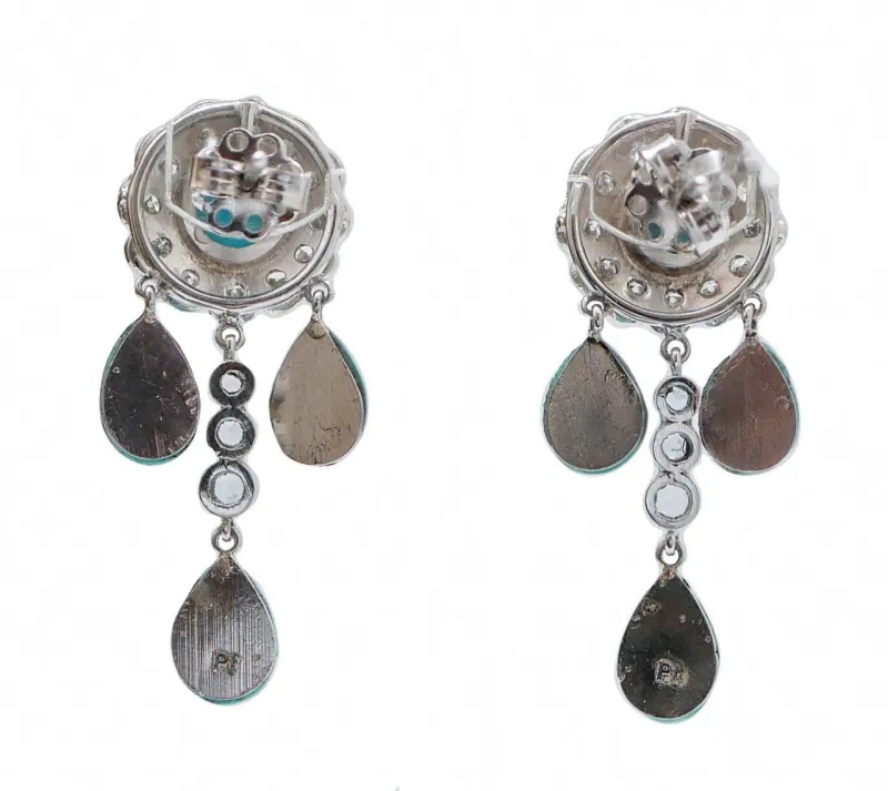 Outlet Pamono Platinum Earrings with Aquamarine, Turquoise and Diamonds, Set of 2