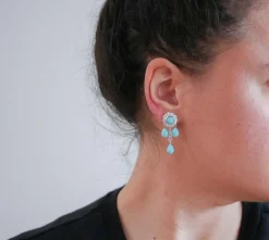Outlet Pamono Platinum Earrings with Aquamarine, Turquoise and Diamonds, Set of 2
