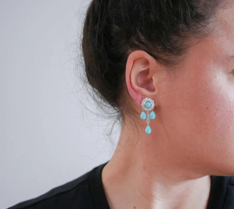 Outlet Pamono Platinum Earrings with Aquamarine, Turquoise and Diamonds, Set of 2