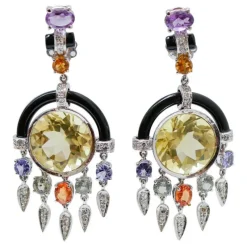 Online Pamono Platinum Earrings with Lemon Quartz, Amethysts, Topazs, Sapphires, Diamonds and Onyx, Set of 2