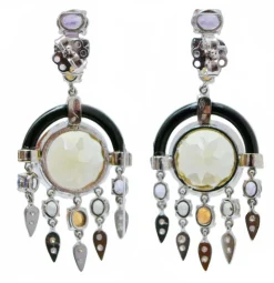Online Pamono Platinum Earrings with Lemon Quartz, Amethysts, Topazs, Sapphires, Diamonds and Onyx, Set of 2
