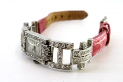 Hot Pamono Platinum Watch with Articulated Bracelet and Brilliant-Cut Diamonds with Pink Leather Strap