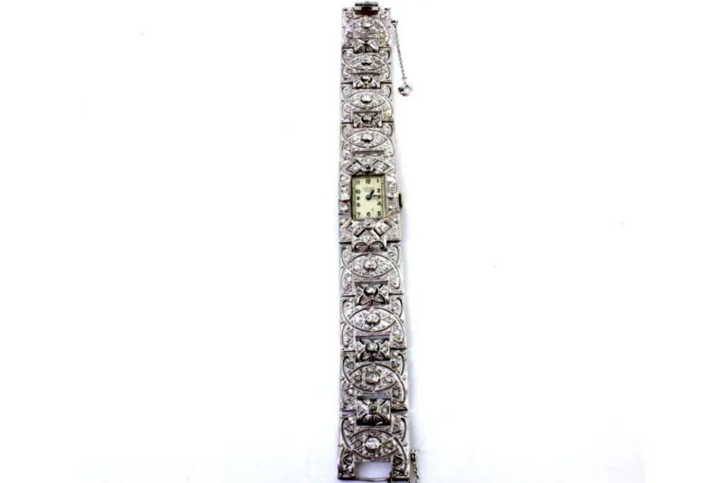 Pamono Platinum Watch with Articulated Bracelet, Brilliant-Cut Diamonds and Chips, with Safety Chain> Watches