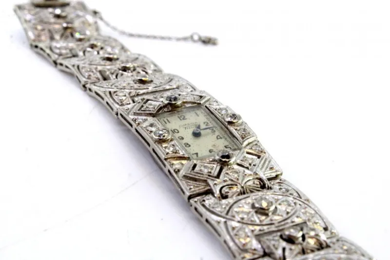 Pamono Platinum Watch with Articulated Bracelet, Brilliant-Cut Diamonds and Chips, with Safety Chain> Watches
