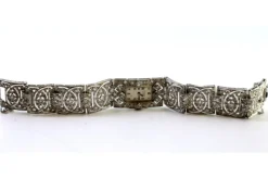 Pamono Platinum Watch with Articulated Bracelet, Brilliant-Cut Diamonds and Chips, with Safety Chain><noscript><img width=