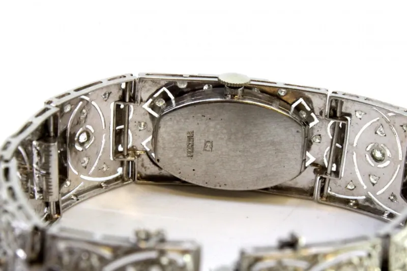 Pamono Platinum Watch with Articulated Bracelet, Brilliant-Cut Diamonds and Chips, with Safety Chain> Watches