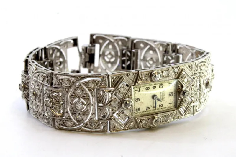 Pamono Platinum Watch with Articulated Bracelet, Brilliant-Cut Diamonds and Chips, with Safety Chain> Watches