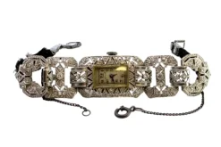 Pamono Platinum Watch with Articulated Bracelet, Brilliant-Cut Diamonds and Safety Chain> Watches