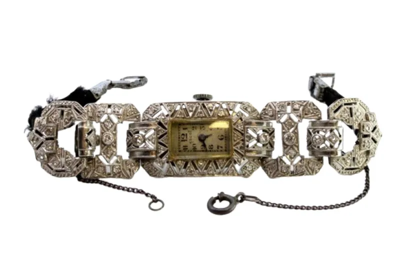 Pamono Platinum Watch with Articulated Bracelet, Brilliant-Cut Diamonds and Safety Chain> Watches