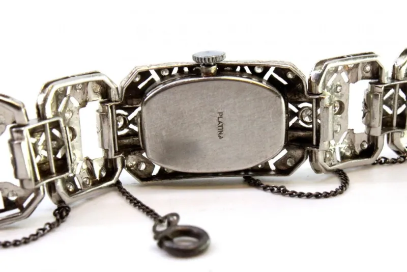 Pamono Platinum Watch with Articulated Bracelet, Brilliant-Cut Diamonds and Safety Chain> Watches