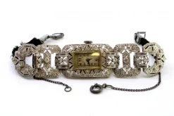 Pamono Platinum Watch with Articulated Bracelet, Brilliant-Cut Diamonds and Safety Chain><noscript><img width=