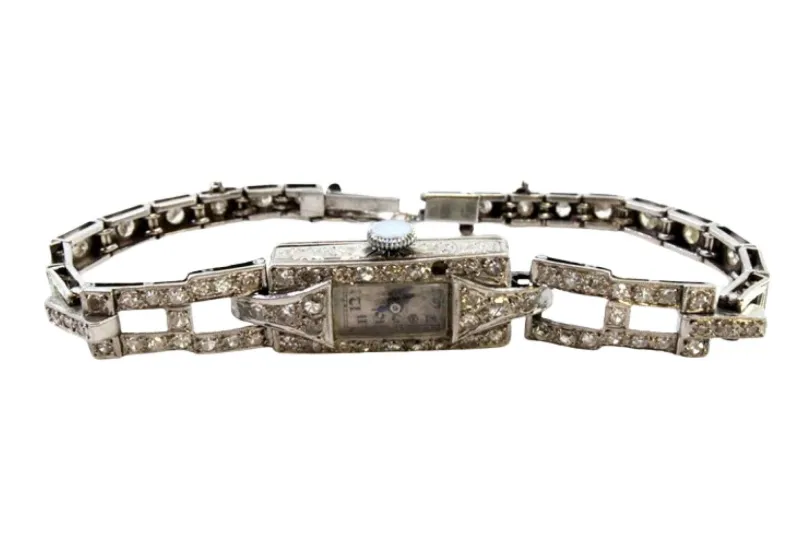 Pamono Platinum Watch with Brilliant-Cut Diamonds, Hinged Bracelet and Safety Chain> Watches