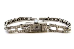 Pamono Platinum Watch with Brilliant-Cut Diamonds, Hinged Bracelet and Safety Chain> Watches
