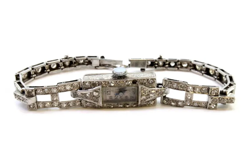 Pamono Platinum Watch with Brilliant-Cut Diamonds, Hinged Bracelet and Safety Chain> Watches