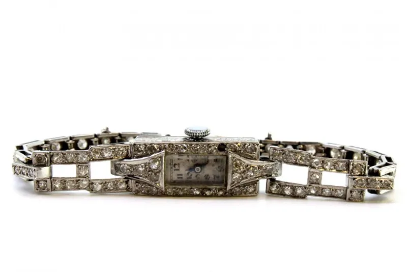 Pamono Platinum Watch with Brilliant-Cut Diamonds, Hinged Bracelet and Safety Chain> Watches
