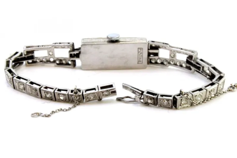 Pamono Platinum Watch with Brilliant-Cut Diamonds, Hinged Bracelet and Safety Chain> Watches