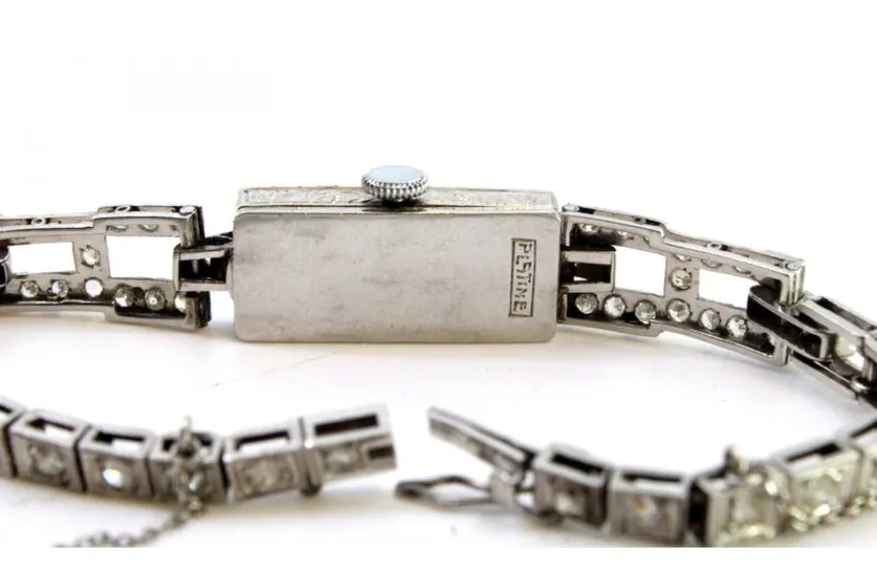 Pamono Platinum Watch with Brilliant-Cut Diamonds, Hinged Bracelet and Safety Chain> Watches