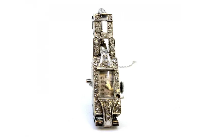 Pamono Platinum Watch with Brilliant-Cut Diamonds, Hinged Bracelet and Safety Chain> Watches