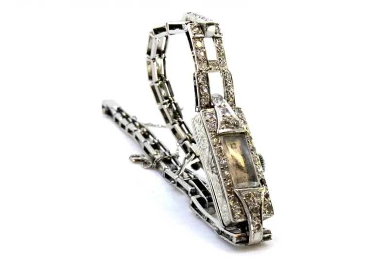 Pamono Platinum Watch with Brilliant-Cut Diamonds, Hinged Bracelet and Safety Chain> Watches
