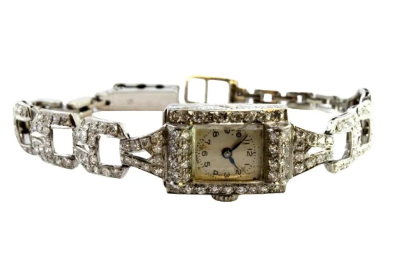 Pamono Platinum Watch with Brilliant-Cut Diamonds and Interlocking Link Bracelet> Watches