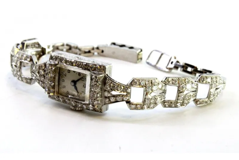 Pamono Platinum Watch with Brilliant-Cut Diamonds and Interlocking Link Bracelet> Watches