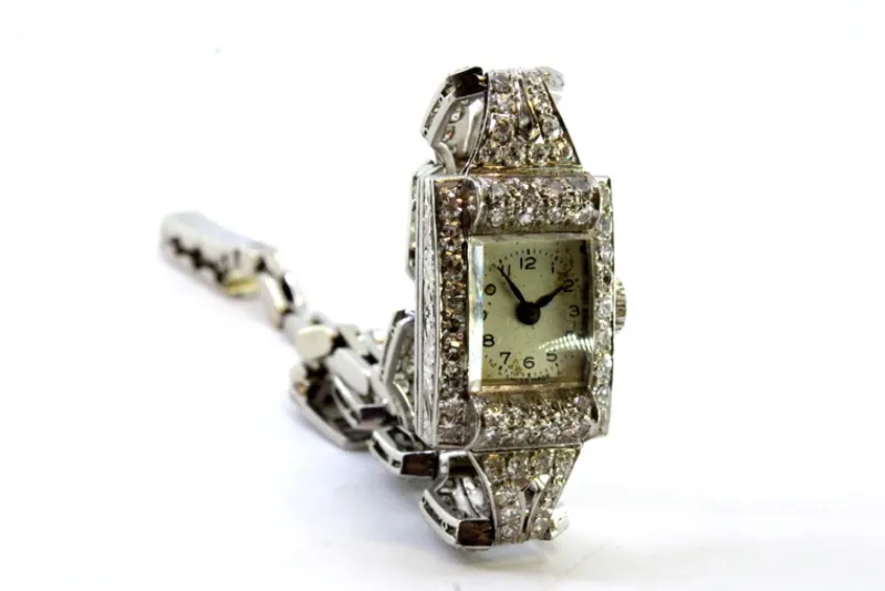 Pamono Platinum Watch with Brilliant-Cut Diamonds and Interlocking Link Bracelet> Watches