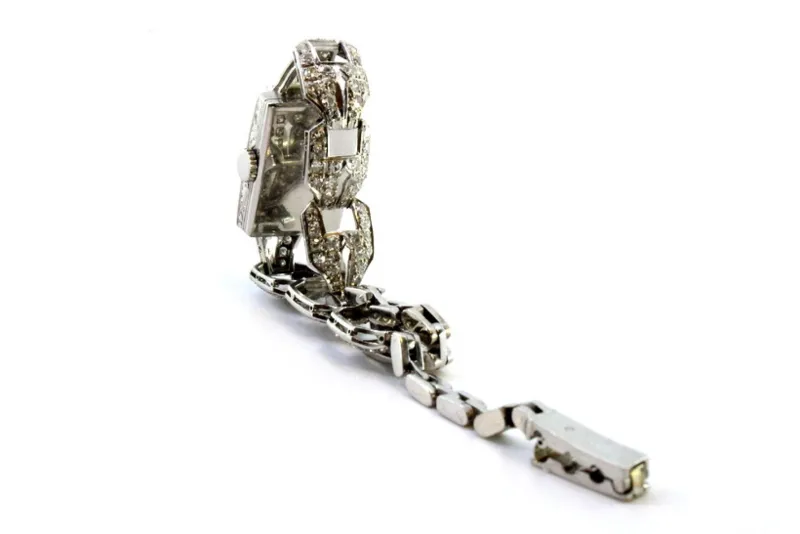 Pamono Platinum Watch with Brilliant-Cut Diamonds and Interlocking Link Bracelet> Watches