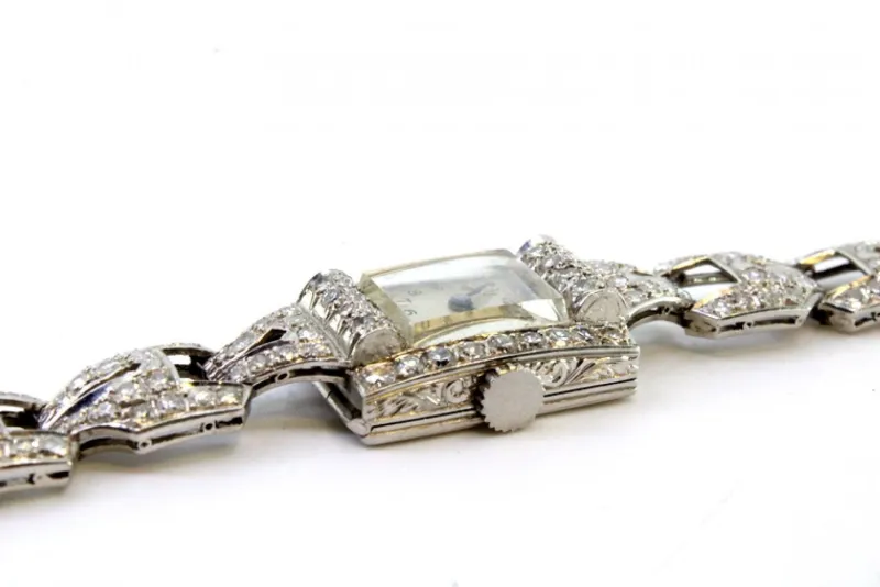 Pamono Platinum Watch with Brilliant-Cut Diamonds and Interlocking Link Bracelet> Watches
