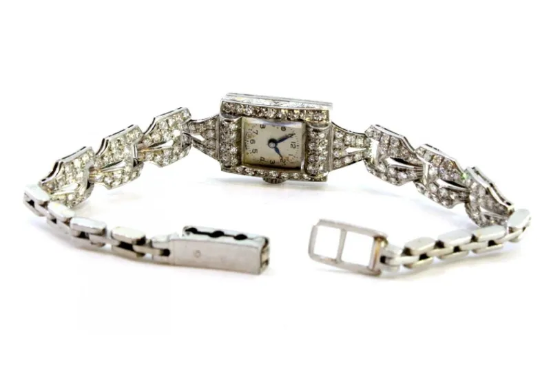 Pamono Platinum Watch with Brilliant-Cut Diamonds and Interlocking Link Bracelet> Watches