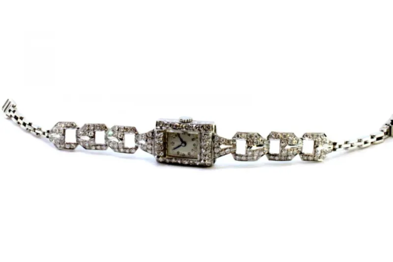 Pamono Platinum Watch with Brilliant-Cut Diamonds and Interlocking Link Bracelet> Watches