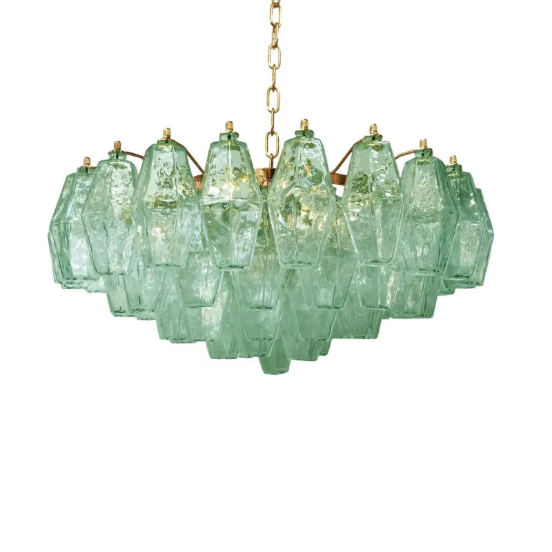 Pamono Poliedro Murano Glass Green Chandelier with Gold Metal Frame from Simoeng> Ceiling Lights
