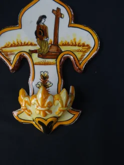 Pamono Polychrome Earthenware Holy Water Font with Fleur-de-Lis by Henriot Quimper, 1960s><noscript><img width=