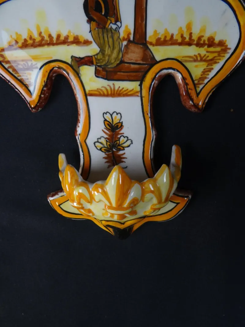 Pamono Polychrome Earthenware Holy Water Font with Fleur-de-Lis by Henriot Quimper, 1960s> Wall Decor